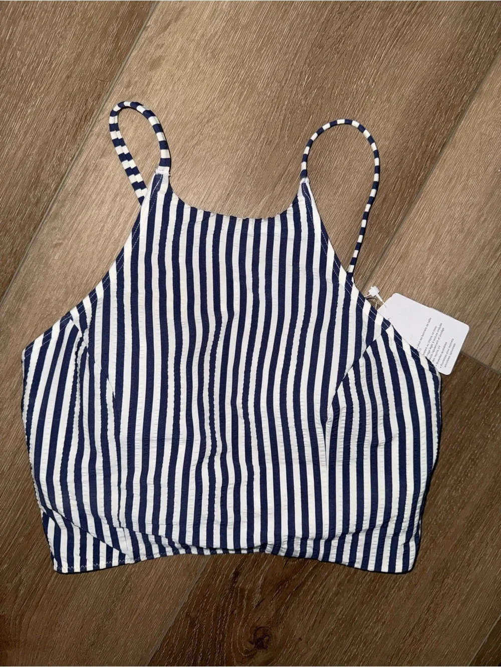 NWT Lululemon Seersucker Blue Stripe High Neck Long Line Bikini Swimsuit Top XS